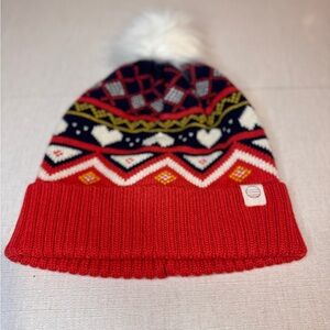 Marine Layer Pom Beanie One Size Red and Blue w/Hearts 2022